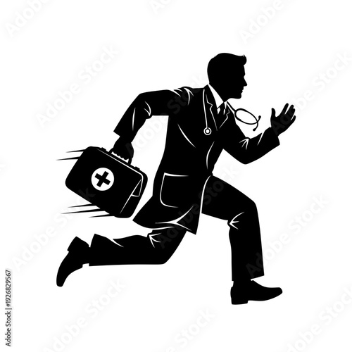 Doctor in a hurry running with a medical bag and stethoscope on a white background