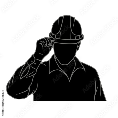 Construction worker in hard hat saluting with hand on forehead in black silhouette