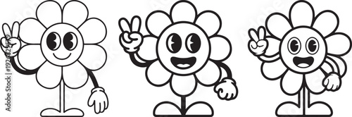 Retro cartoon flower character vector collection. Includes three different happy flower characters making peace signs. Created in black and white line art style.