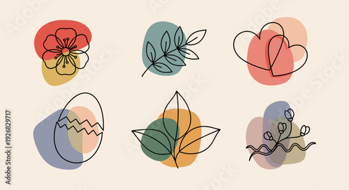 A collection of minimalist line art featuring a flower, leaf, heart, egg, and abstract shapes in soft colors, perfect for spring-themed designs