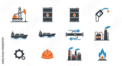 Oil and gas industry icons representing extraction, transportation, and refining processes.