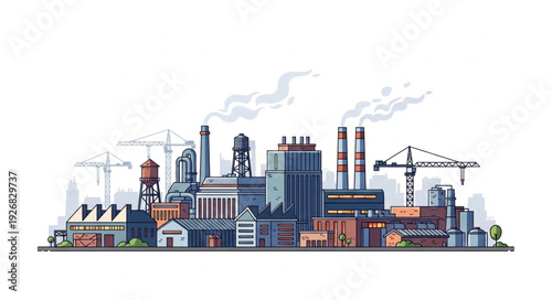 Industrial cityscape illustration depicting factories, smokestacks, and construction cranes, representing urban development.