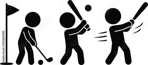 Black and white minimalist stick figure icons set featuring a golfer putting near flag and baseball players swinging bat at ball on white background