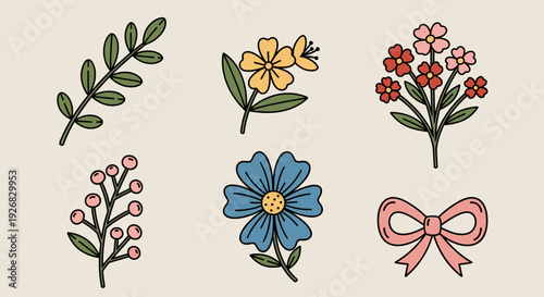 A set of colorful hand-drawn flowers and foliage in flat vector style, perfect for wedding invitations and floral designs