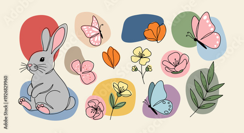A cute rabbit surrounded by colorful butterflies and flowers in a whimsical flat vector style, perfect for spring-themed designs