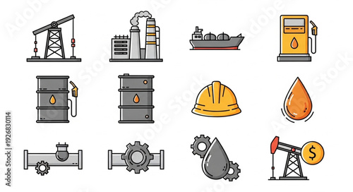 Oil and gas industry icons representing various aspects of the sector.