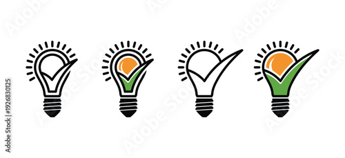 Light bulb with check mark for idea approval solution success and creative business identity branding.