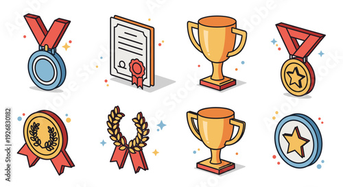 A collection of medals, trophies, certificates, and laurel wreaths in flat modern vector style, ideal for award ceremonies and recognition events