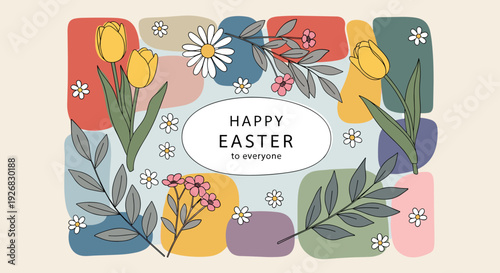 A colorful floral illustration featuring tulips and daisies with the text 'Happy Easter' in a modern vector style, ideal for greeting cards and seasonal decorations