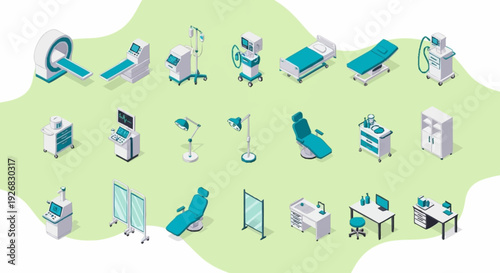 Medical equipment and hospital furniture icons set.