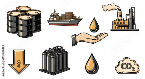 A collection of oil barrels, a cargo ship, a factory, and various energy-related icons in flat modern vector style, suitable for environmental and industrial themes