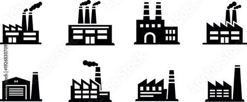 Industrial factory buildings and manufacturing plants icons.
