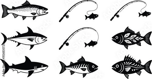 Black and white vector illustration set of various fish species and fishing rods with caught fish for sport fishing marine life and hobby designs
