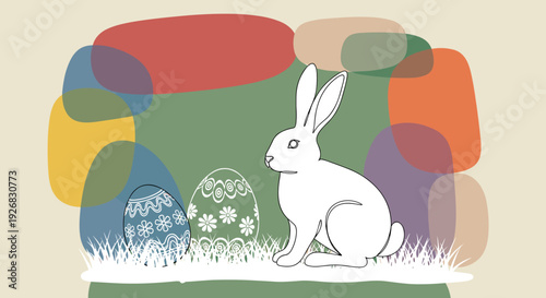 A playful rabbit sitting next to decorated Easter eggs in colorful minimalist vector style, perfect for spring holiday designs