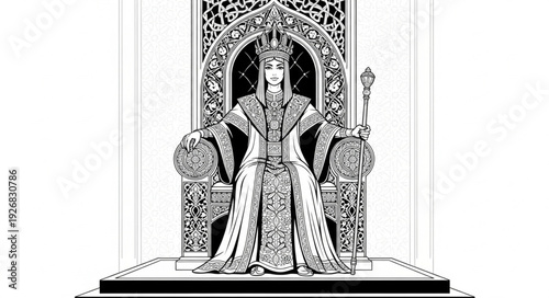 Majestic Queen on Throne - Regal Portrait of Royalty in Intricate Attire.