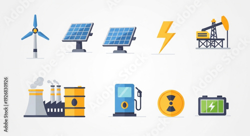Diverse Energy Sources and Power Generation Icons Representing Renewable and Fossil Fuels.