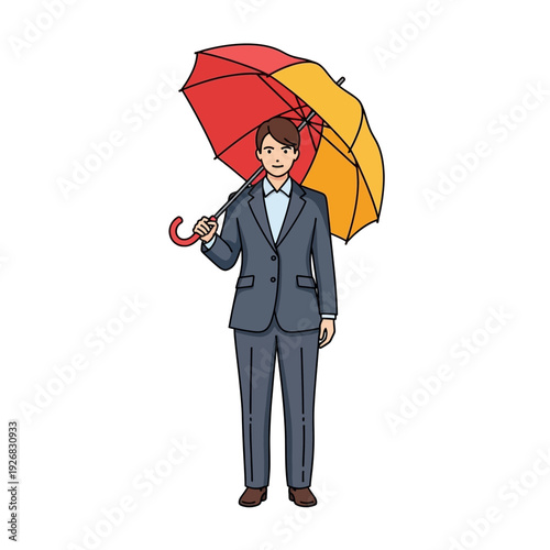 Businessperson holding a colorful umbrella, protection concept, isolated on white background