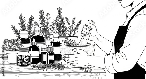 Person preparing ingredients for cooking, focusing on herbs and spices.