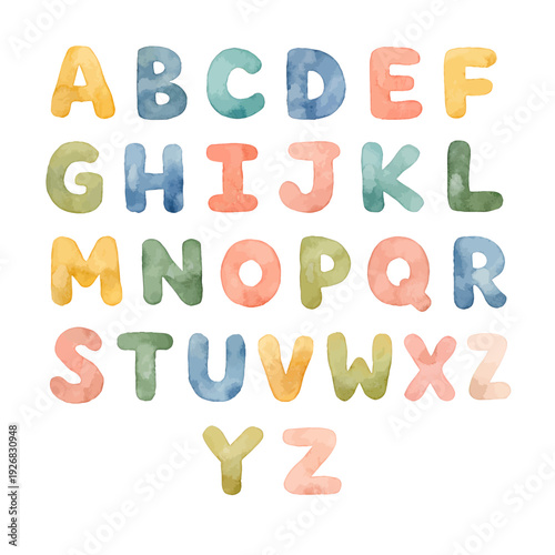 A charming watercolor collection of alphabet letters, featuring hand-painted uppercase A–Z characters in soft pastel tones and textured watercolor washes