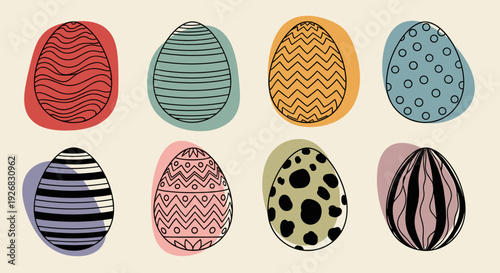 A collection of colorful decorated Easter eggs with various patterns in modern vector style, perfect for spring celebrations and holiday designs