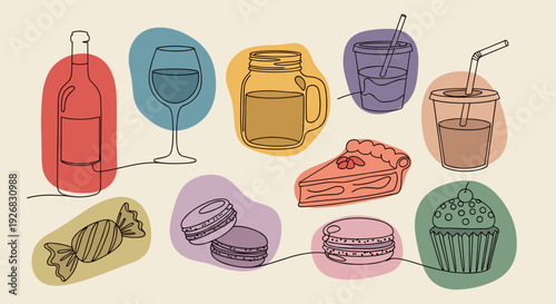 A collection of various drinks and desserts including wine, cocktails, and pastries in colorful minimalist line art style, perfect for food and beverage branding