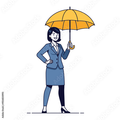 Businesswoman holding a yellow umbrella, concept of protection and security