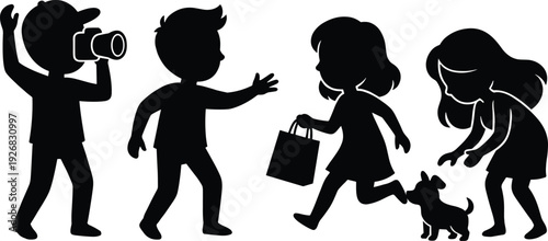 Black silhouette collection of children and people engaged in outdoor activities including boy taking photos, young man waving, girl shopping, and woman playing with puppy dog