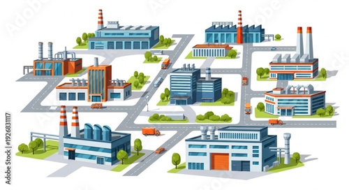 Industrial cityscape illustration featuring various factories and buildings with roads and trees.