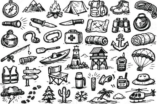 Hand drawn doodle set of art, graphic design and creative tools icons.