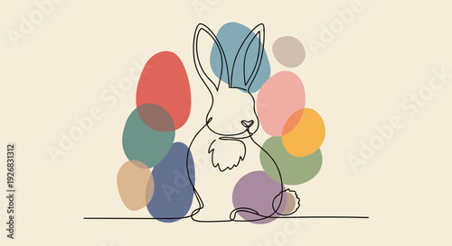 A minimalist line drawing of a rabbit surrounded by colorful abstract shapes in a modern vector style, perfect for Easter-themed designs