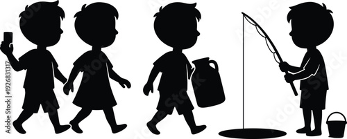 Black silhouette of children walking with a milk jar and fishing by a pond, kids outdoor activity vector illustration isolated on white background.