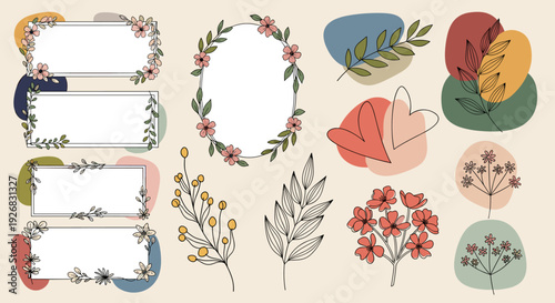 A collection of floral frames, leaves, and abstract shapes in modern vector style, ideal for wedding invitations and stationery design