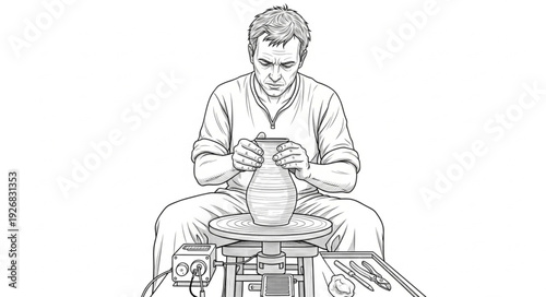 Man intently focused on pottery wheel, shaping clay with skilled hands, creating art.