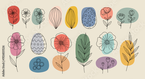 A collection of colorful flowers, leaves, and decorative easter eggs in a modern outline vector style, perfect for seasonal celebrations and creative projects