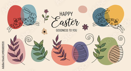 A decorative Easter illustration featuring playful bunnies, colorful eggs, and floral elements in modern vector style, ideal for greeting cards and seasonal decor