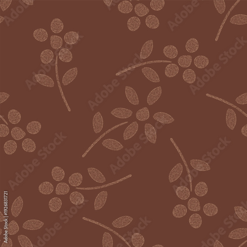 Warm earth tone tossed burlap textured seamless floral pattern background. Beautiful hand print look floral motifs on terracotta red backdrop. Elegant, rustic botanical repeat. For fall, winter