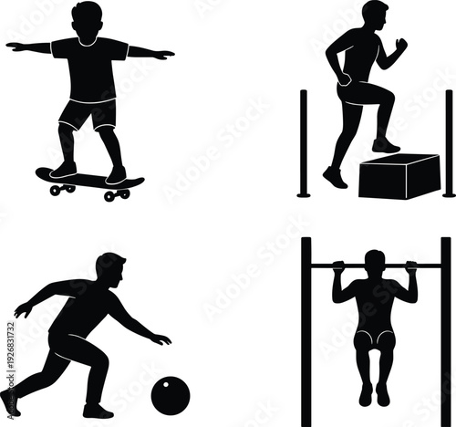 Black Silhouette Set of Active Boys Exercising and Playing Sports Including Skateboarding Step Aerobics Soccer Training and Pull Ups on Parallel Bars Background
