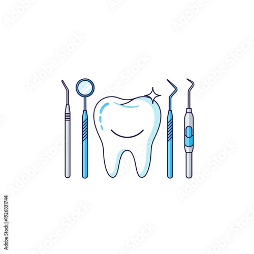 Dental Care Vector Illustration, Smiling Tooth with Tools, Modern Flat Design, Oral Health Icon