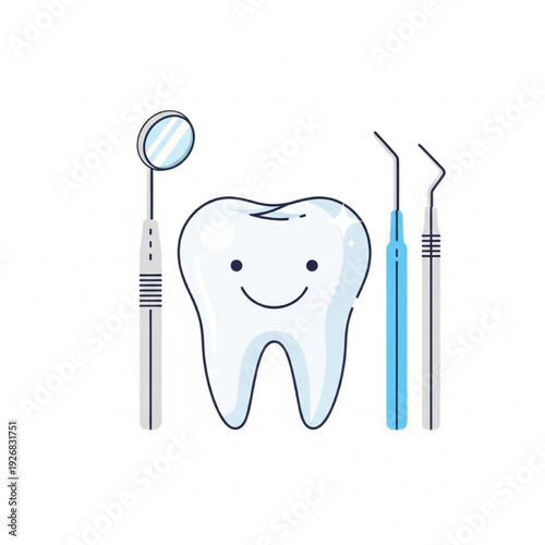 Dental Care Vector Illustration, Smiling Tooth with Tools, Modern Flat Design, Oral Health Icon