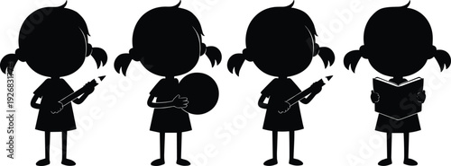 Black silhouette set of a cute school girl holding a pencil, a ball, and reading a book isolated on a white background for education design
