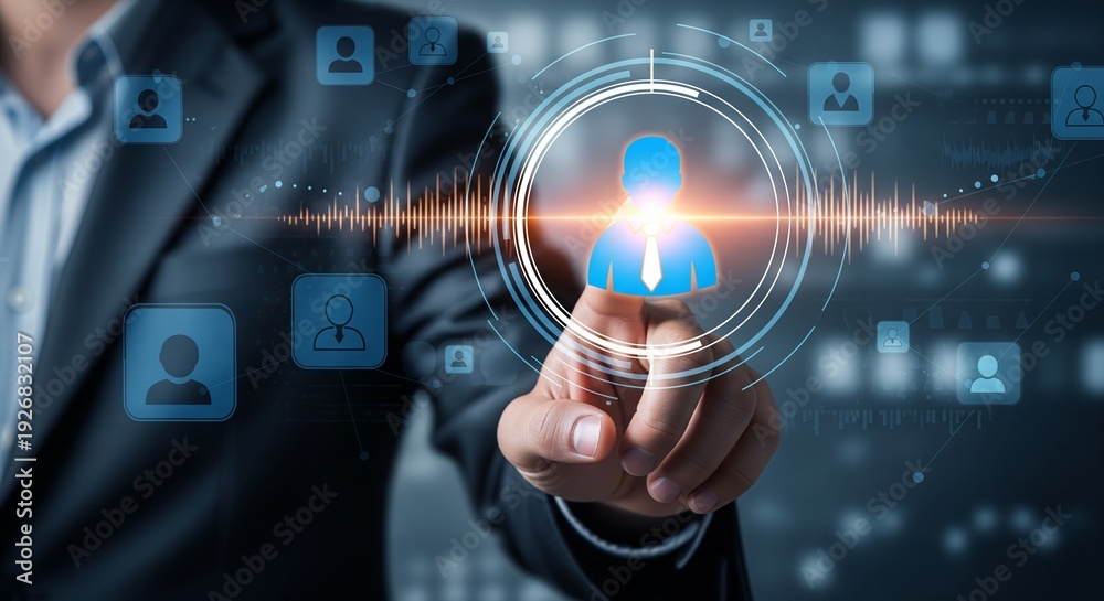 Fototapeta premium Businessman Hand Touching Futuristic Digital Interface with Glowing Human Icon and Network Connections, HR Recruitment and People Management Concept, High-Tech Corporate Strategy Photography