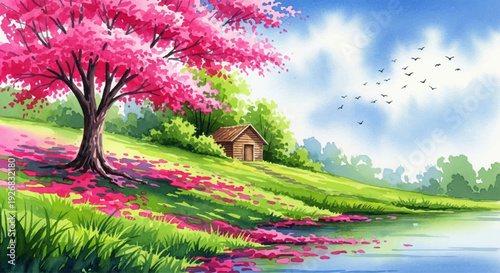 Serene watercolor landscape with a cherry blossom tree and a small cabin by the lake under a cloudy sky