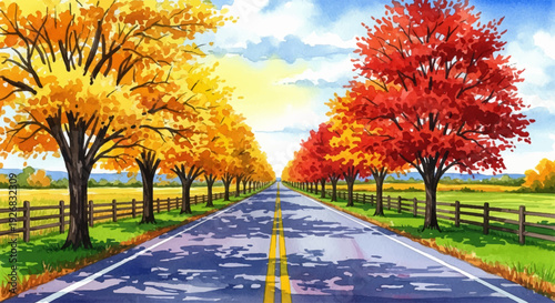 vibrant watercolor illustration of a scenic autumn road lined with colorful trees under a bright sunny sky