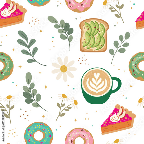 Vector seamless pattern featuring coffee latte art, healthy avocado toast, sweet donuts and fruit pie slice. Cozy breakfast food background for cafe branding, textile and packaging. 