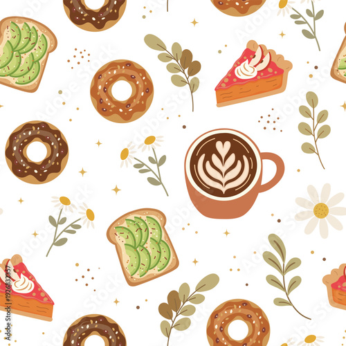 Seamless breakfast pattern with coffee cup, chocolate and caramel donuts, pie and avocado toast. Cozy cafe food background in warm chocolate and caramel colors