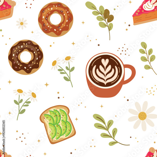 Breakfast and sweets seamless pattern with avocado toast, coffee and donuts. Hand drawn food background for cafe and kitchen. Vector illustration