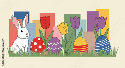 A cute white rabbit next to colorful decorated Easter eggs and tulips in flat modern vector style, perfect for spring holiday designs