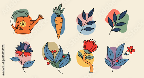 A collection of gardening elements including a watering can, carrot, and various flowers and leaves in colorful flat vector style, ideal for botanical designs and nature-themed projects