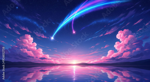 Dreamy Starry Sky Pink Clouds Water Reflection Glowing Trails