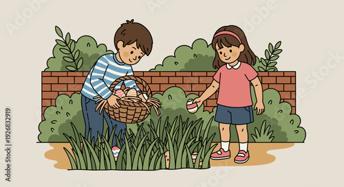 A joyful scene of children participating in an Easter egg hunt, illustrated in a colorful and playful vector style, perfect for spring-themed projects